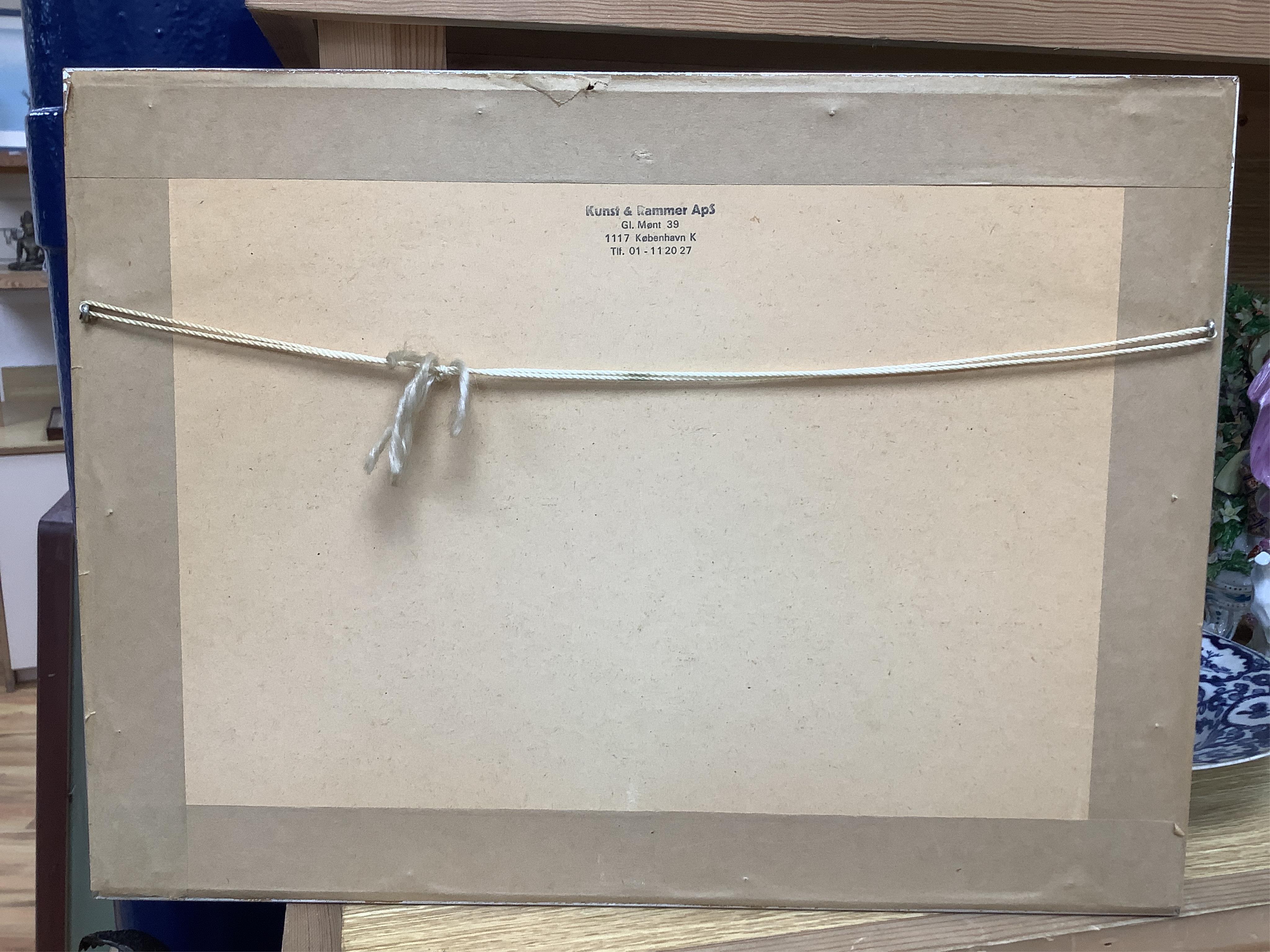 20th century, Figures before a landscape, inscribed verso, oil on canvas, together with an abstract oil on board, possibly by the same hand, largest 42 x 53cm